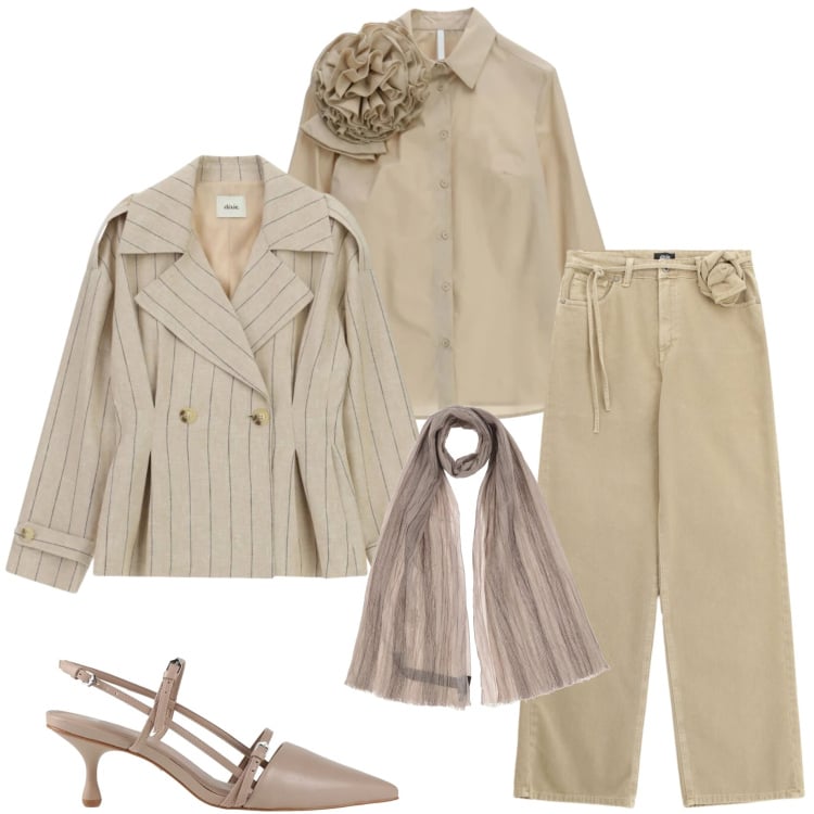 Outfit donna - Romantic glam. Stile Glamour per Serata fuori. Abbinamento con décolleté, sciarpe, camicie, pantaloni a palazzo, blazer.
