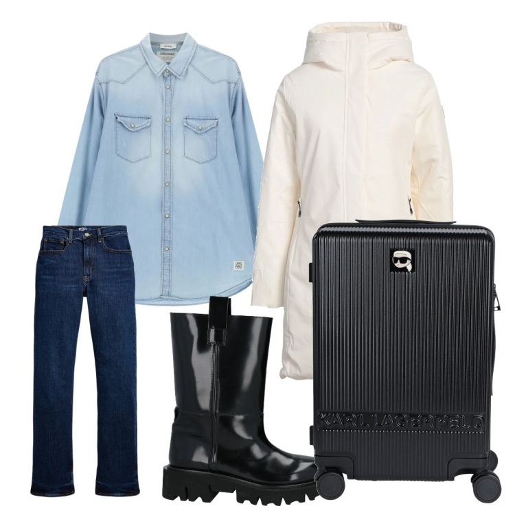 Outfit donna - Pratica per viaggiare. Stile Minimal per Tutti i giorni. Abbinamento con valigie, parka, stivali, camicie, jeans dritti.