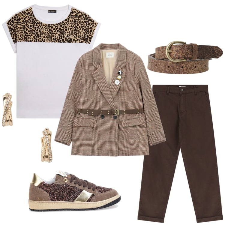 Outfit donna - Total look #2338188. Stile Minimal per Ufficio. Abbinamento con orecchini, jeans, blazer, cinture, t-shirt, sneakers.