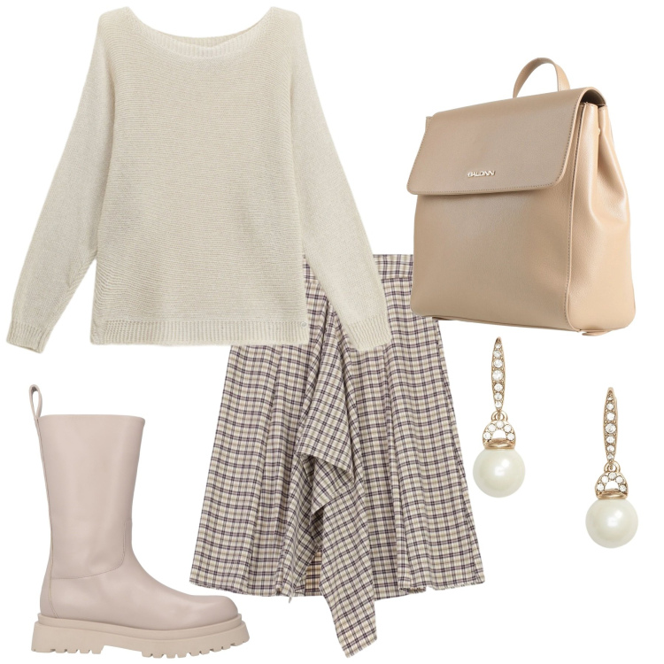 Outfit donna - Total look #2338191. Stile Glamour per Ufficio. Abbinamento con stivali, zaini, gonne longuette, maglieria, orecchini.