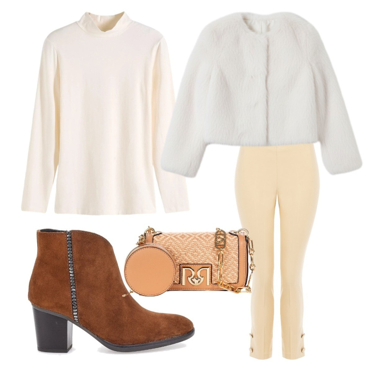 Outfit donna - Eleganza Rinascimento. Stile Minimal per Cerimonia. Abbinamento con maglieria, ecopellicce, pantaloni, borse a tracolla, stivaletti.