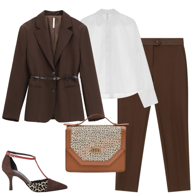 Outfit donna - City. Stile Chic per Tutti i giorni. Abbinamento con pantaloni, blazer, camicie, décolleté, pochette.