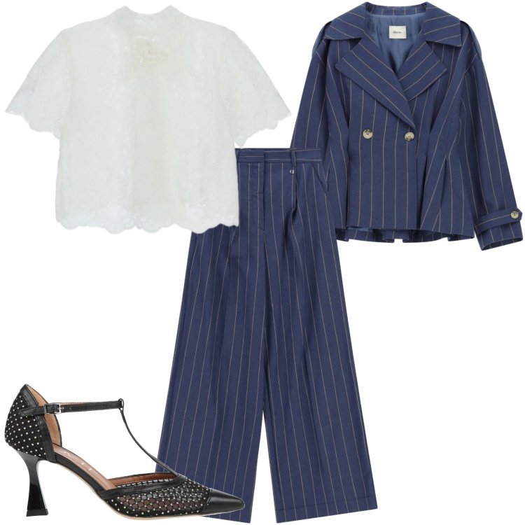 Outfit donna - Romantic glam. Stile Glamour per Serata fuori. Abbinamento con décolleté, top, pantaloni a palazzo, blazer.
