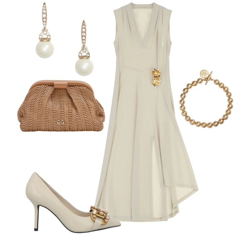 Outfit donna - White. Stile Chic per Serata fuori. Abbinamento con décolleté, vestiti midi/longuette, pochette, braccialetti, orecchini.