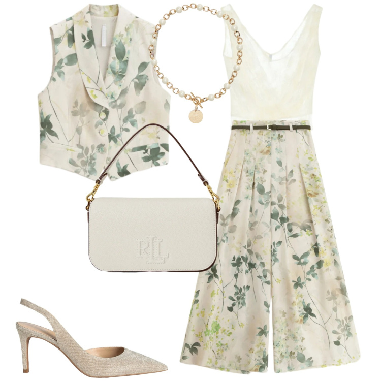 Outfit donna - Imperial spring. Stile Romantica per Tutti i giorni. Abbinamento con décolleté, pantaloni a palazzo, top, gilet, collane, borse a spalla.