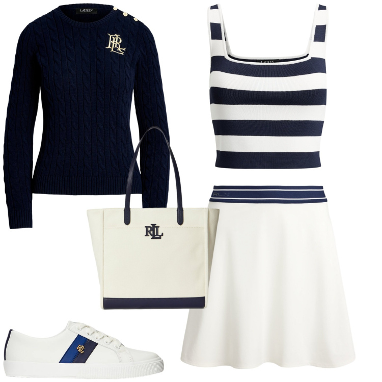 Outfit donna - Ralph Lauren. Stile Preppy per Tutti i giorni. Abbinamento con sneakers, maglieria, top, borse tote, minigonne.