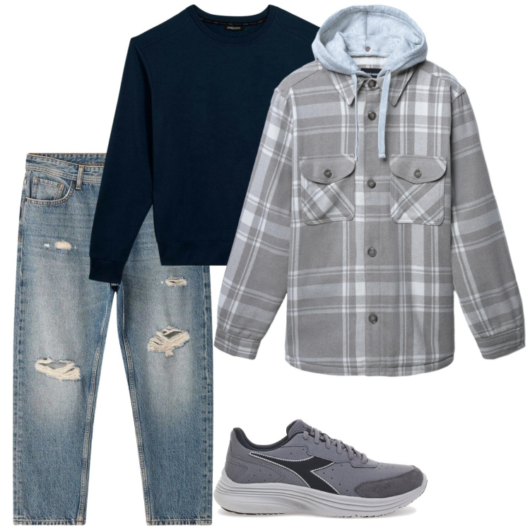 Outfit uomo - Moda giovane. Stile Casual per Tutti i giorni. Abbinamento con cappotti, jeans strappati, felpe, sneakers.