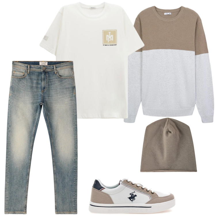 Outfit uomo - Mix and match. Stile Casual per Tutti i giorni. Abbinamento con maglieria, jeans skinny, berretti, t-shirt, sneakers.