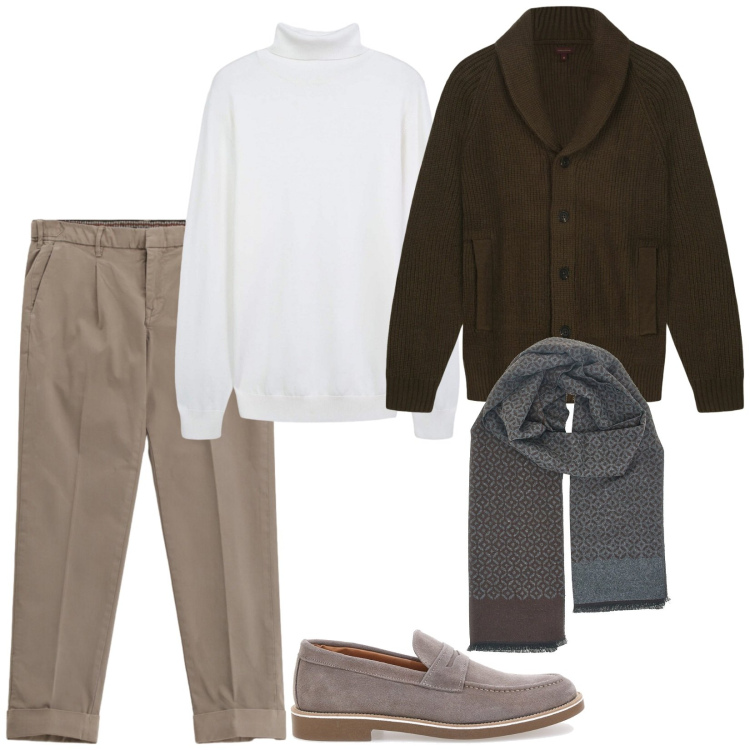 Outfit uomo - Easy @work. Stile Trendy per Ufficio. Abbinamento con pantaloni chino, maglieria, sciarpe, scarpe stringate, cardigans.