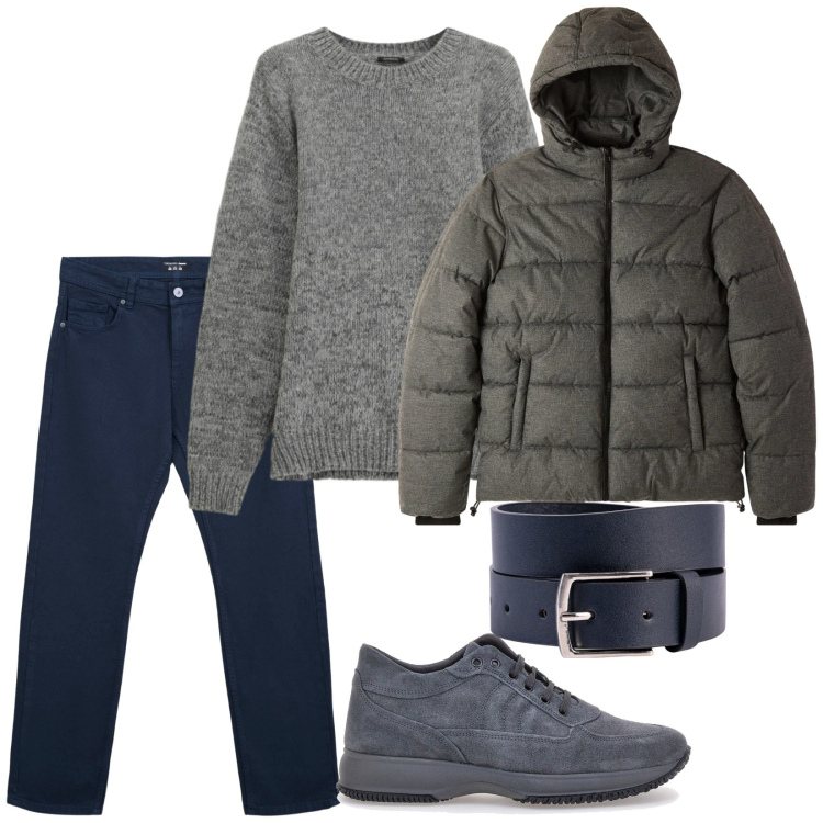 Outfit uomo - Blu e grigio. Stile Casual per Tutti i giorni. Abbinamento con maglieria, bomber, jeans dritti, cinture, sneakers.