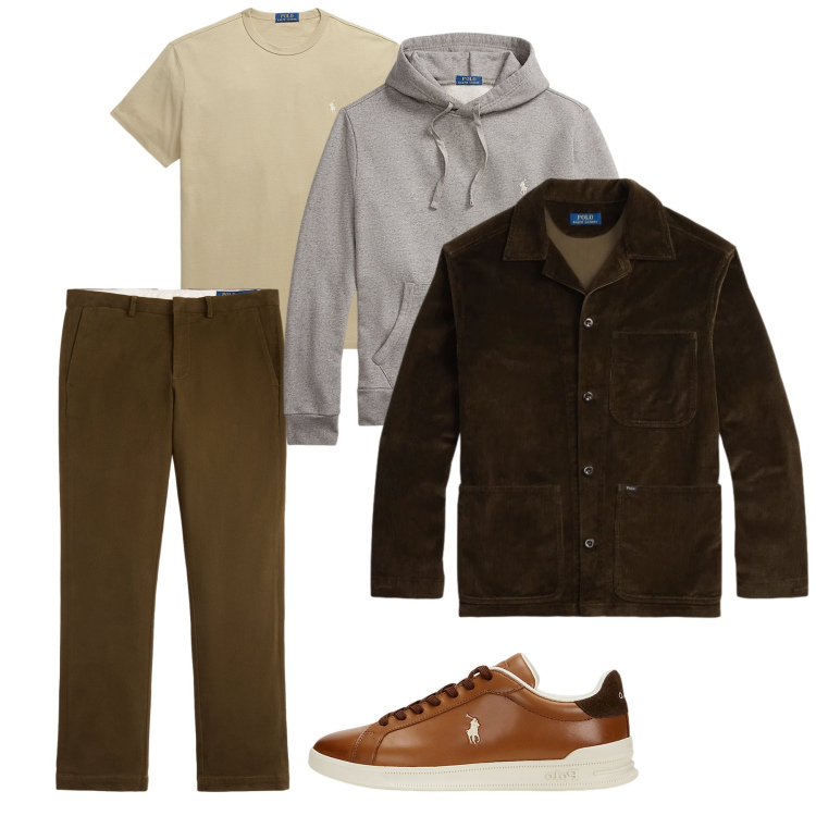 Outfit uomo - Layering in marrone. Stile Casual per Tutti i giorni. Abbinamento con giacche, sneakers, pantaloni chino, t-shirt, felpe con cappuccio.