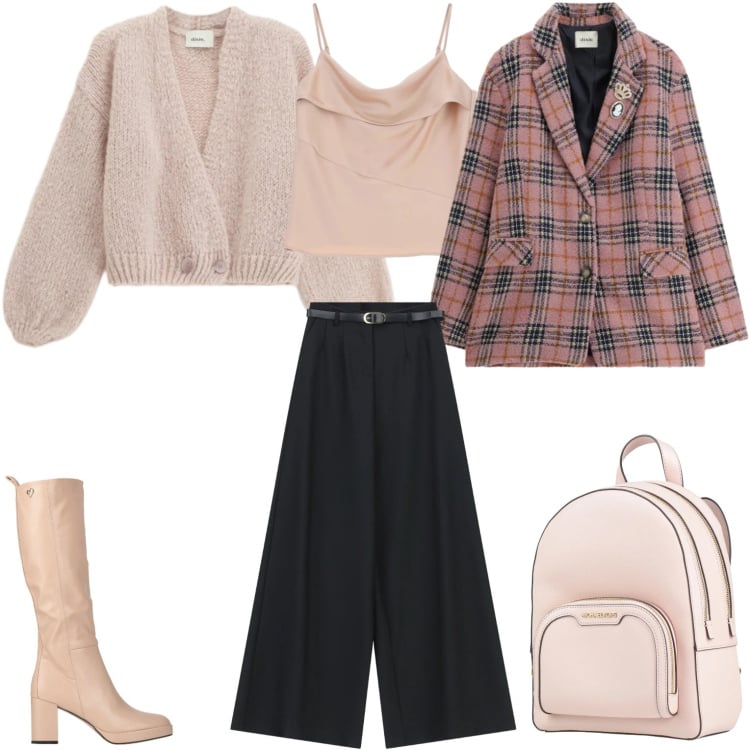 Outfit donna - Tutti i giorni. Stile Casual per Tutti i giorni. Abbinamento con zaini, stivali, canottiere, pantaloni a palazzo, cardigans, blazer.