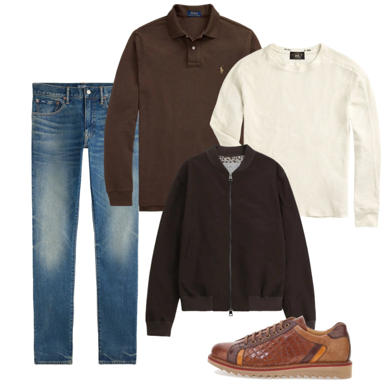 Outfit uomo - Un sabato casual. Stile Casual per Tutti i giorni. Abbinamento con bomber, maglieria, polo, jeans, scarpe stringate.