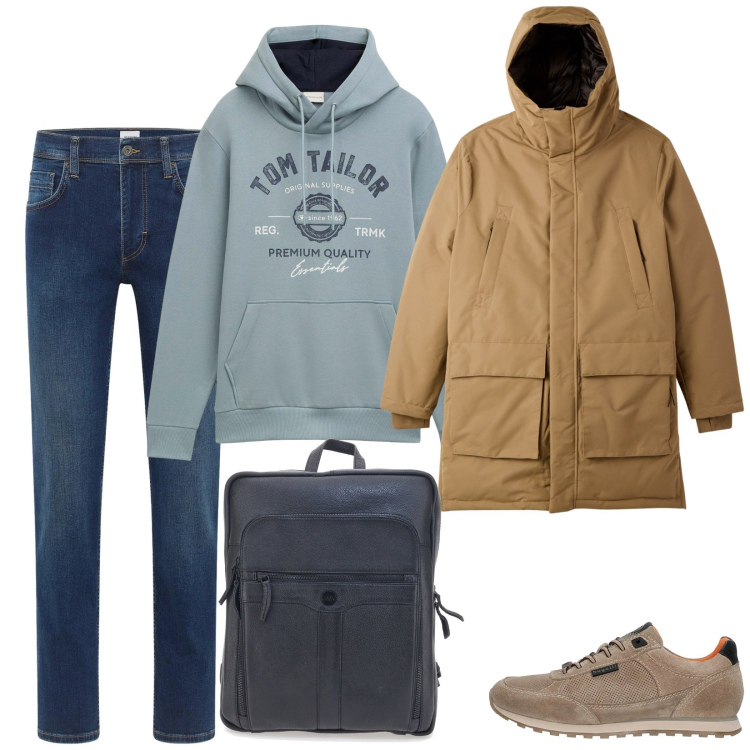 Outfit uomo - Il parka cammello. Stile Casual per Tutti i giorni. Abbinamento con jeans dritti, felpe con cappuccio, parka, borse sportive, sneakers.