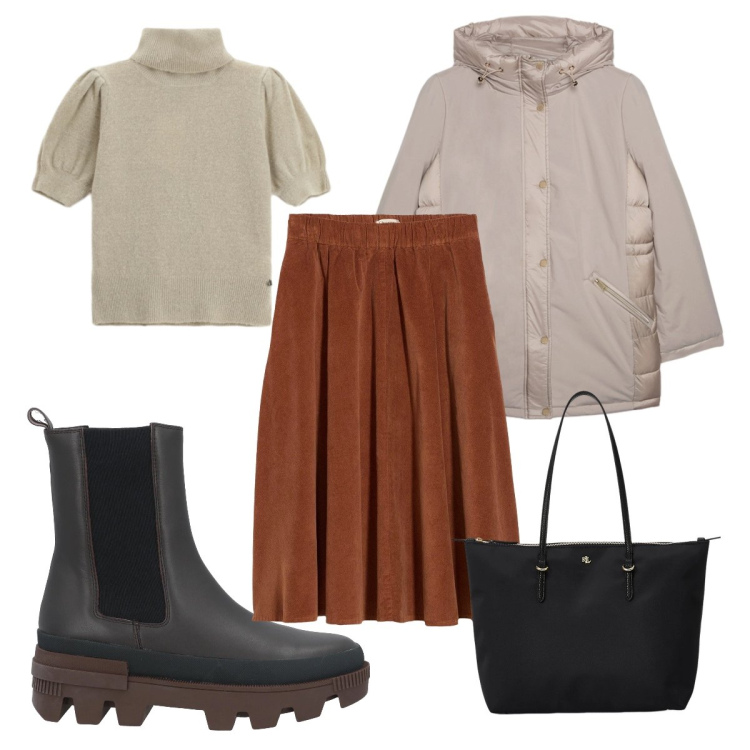 Outfit donna - Romantica trendy a s. Valentino. Stile Romantica per Tutti i giorni. Abbinamento con stivaletti chelsea, gonne, piumini, maglieria, borse tote.