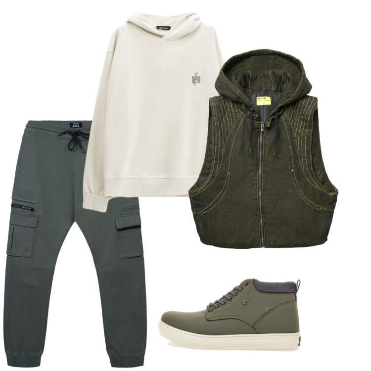 Outfit uomo - Capi comodi per il fine settimana. Stile Casual per Tutti i giorni. Abbinamento con pantaloni cargo, gilet, felpe con cappuccio, stivali e stivaletti.