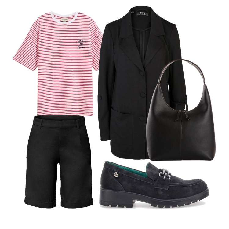 Outfit donna - Black Bonprix. Stile Mannish per Scuola/Università. Abbinamento con bermuda, blazer, t-shirt, shopping bag, mocassini.
