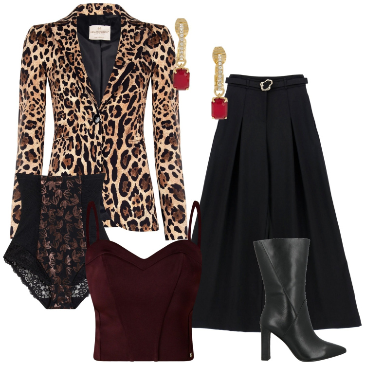 Outfit donna - San valentino. Stile Casual chic per Serata fuori. Abbinamento con stivaletti, culotte, pantaloni, blazer, top, orecchini.