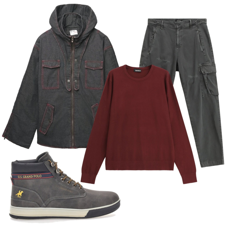 Outfit uomo - Total look #2338240. Stile Casual per Tutti i giorni. Abbinamento con giacche, pantaloni cargo, maglieria, sneakers.