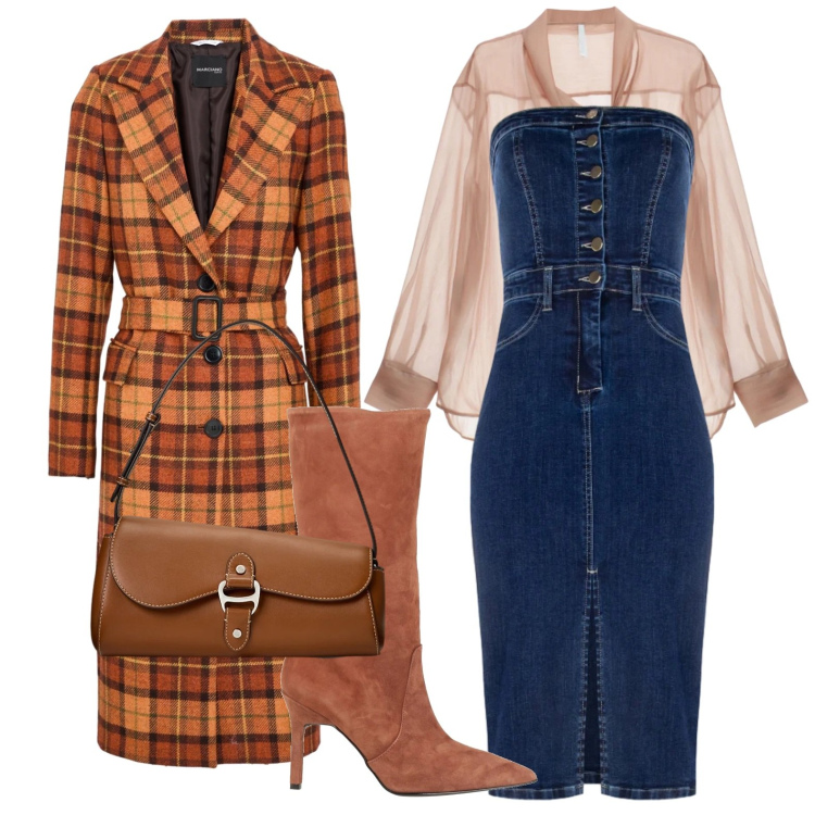 Outfit donna - Cappotto a quadri. Stile Trendy per Serata fuori. Abbinamento con stivali, cappotti, camicie, vestiti a tubino, borse a spalla.