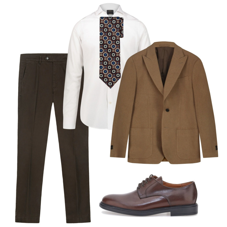 Outfit uomo - Pranzo formale caramello. Stile Business/Elegante per Ufficio. Abbinamento con camicie, cravatte, scarpe stringate, pantaloni chino, giacche.