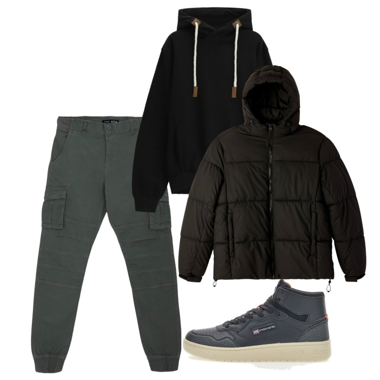 Outfit uomo - Metropolitan time. Stile Urban per Tutti i giorni. Abbinamento con pantaloni cargo, bomber, felpe con cappuccio, sneakers.