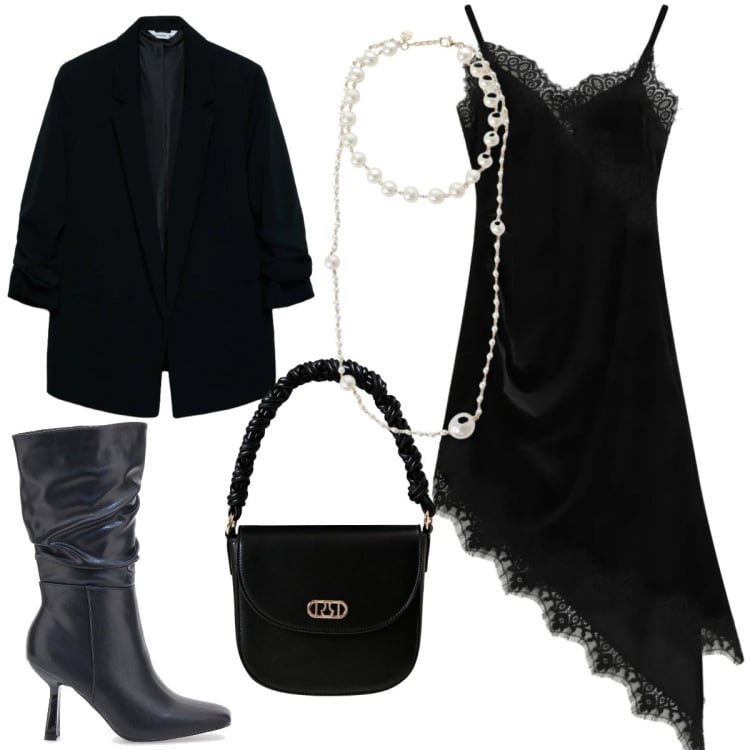 Outfit donna - Abito lingerie e blazer. Stile Sexy per Serata fuori. Abbinamento con blazer, borse a mano, vestiti asimmetrici, collane, stivali.