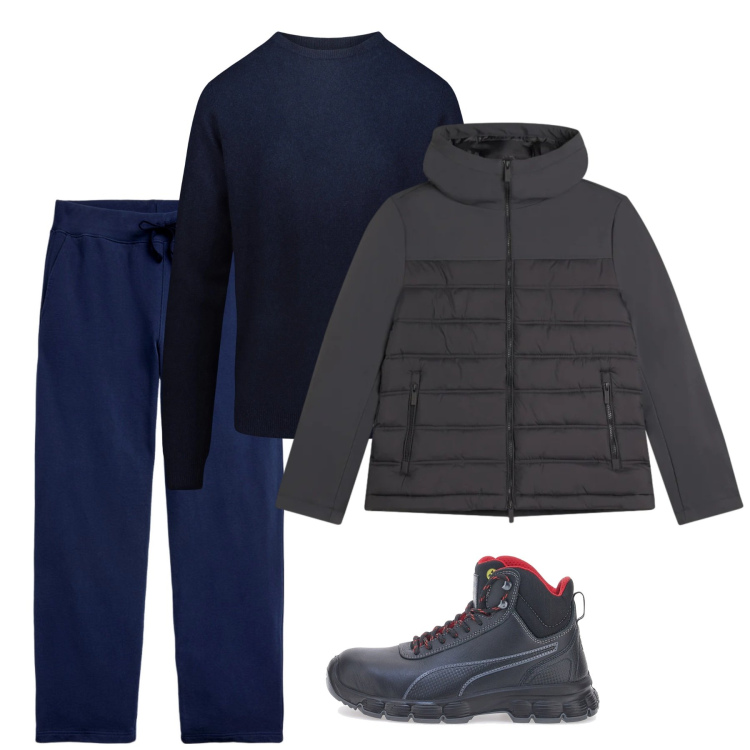 Outfit uomo - Lungomare d\'inverno. Stile Casual per Tutti i giorni. Abbinamento con piumini, pantaloni, stivali e stivaletti, maglieria.