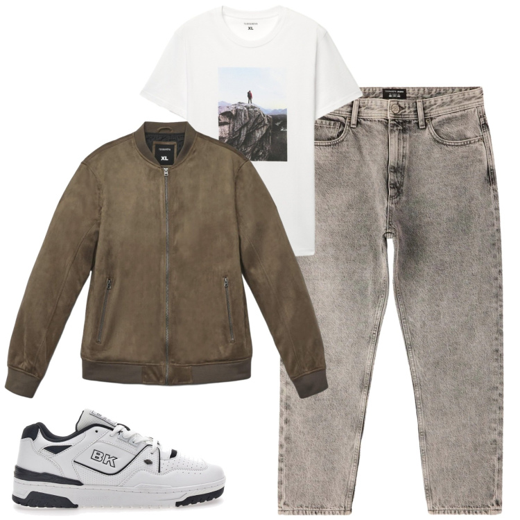 Outfit uomo - Febbraio. Stile Casual per Tutti i giorni. Abbinamento con jeans dritti, giacche, t-shirt, sneakers.