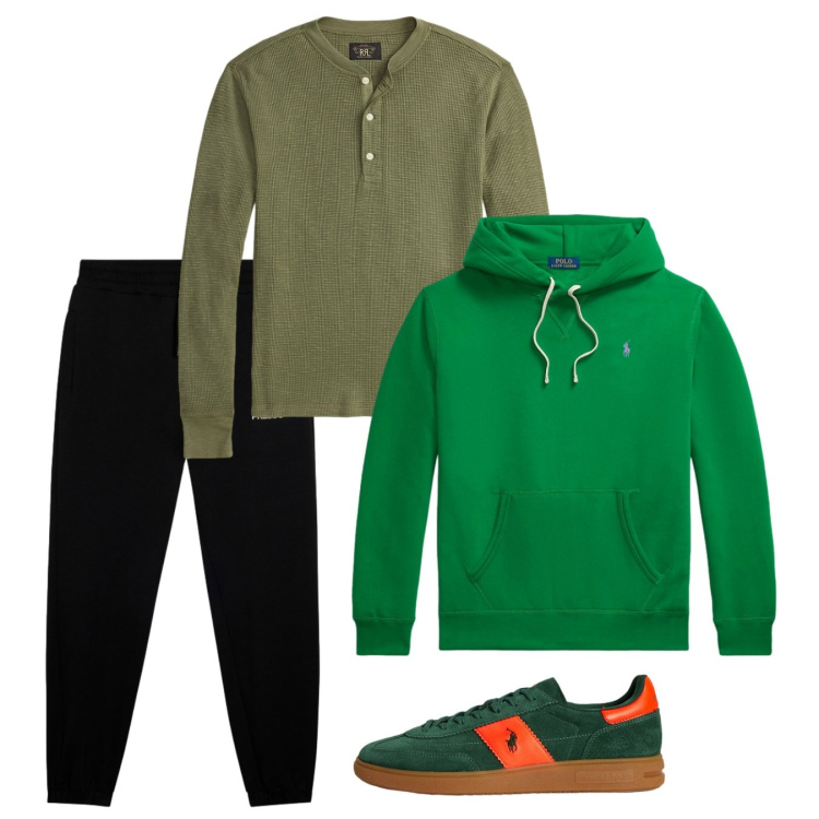 Outfit uomo - Homewear di febbraio. Stile Casual per Tutti i giorni. Abbinamento con pantaloni sportivi, t-shirt, felpe con cappuccio, sneakers.