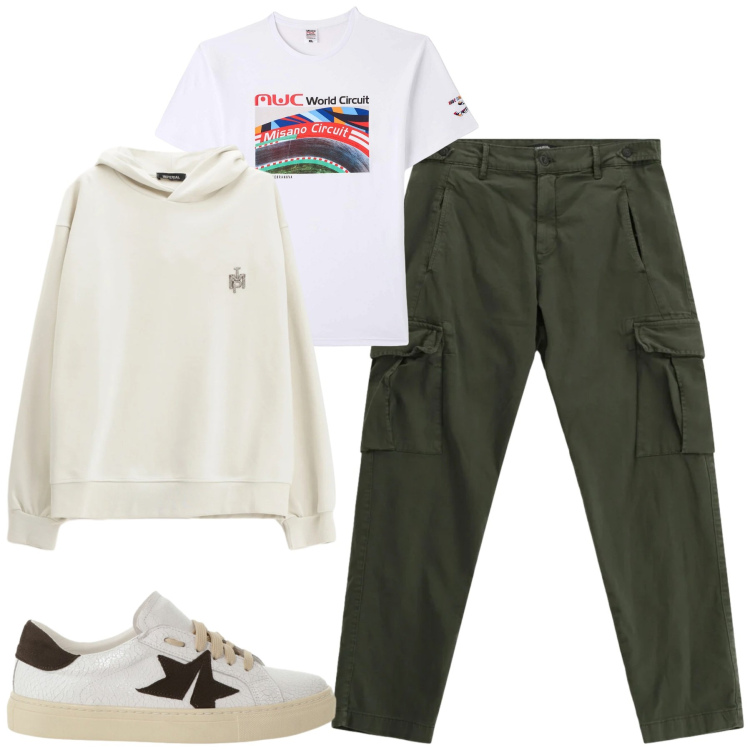 Outfit uomo - Febbraio. Stile Casual per Tutti i giorni. Abbinamento con t-shirt, pantaloni cargo, felpe con cappuccio, sneakers.