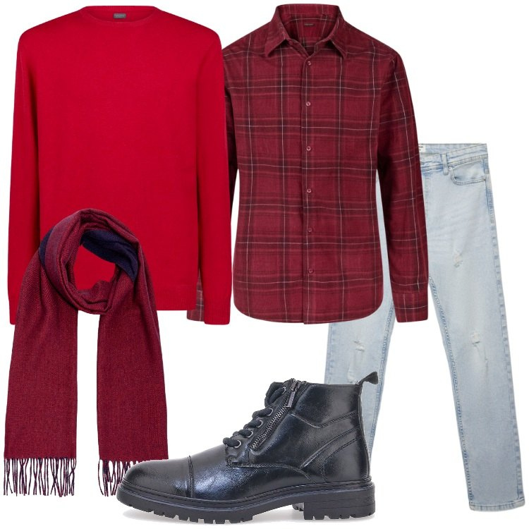 Outfit uomo - San Valentino casual style. Stile Casual per Serata speciale. Abbinamento con jeans strappati, anfibi, maglieria, sciarpe, camicie.