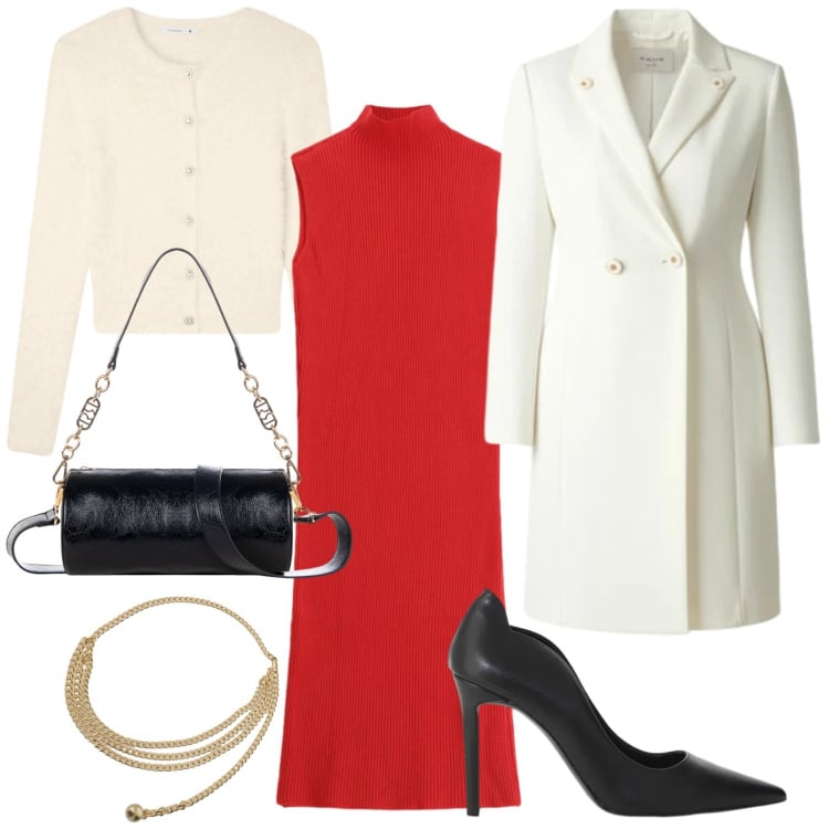 Outfit donna - San Valentino curvy mood. Stile Chic per Serata fuori. Abbinamento con décolleté, collane, vestiti midi/longuette, cardigans, borse a mano, cappotti.