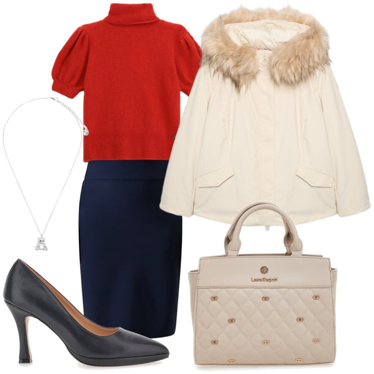 Outfit donna - San Valentino curvy mood. Stile Chic per Serata fuori. Abbinamento con maglieria, gonne, ciondoli, piumini, décolleté, borse a mano.