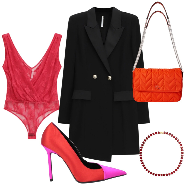 Outfit donna - San Valentino curvy mood. Stile Chic per Serata fuori. Abbinamento con décolleté, vestiti corti, top, collane, borse a tracolla.