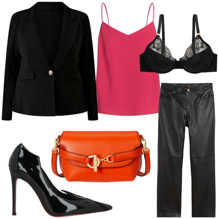 Outfit donna - San Valentino curvy mood. Stile Minimal per Serata fuori. Abbinamento con top, décolleté, pantaloni, blazer, reggiseni, borse a tracolla.