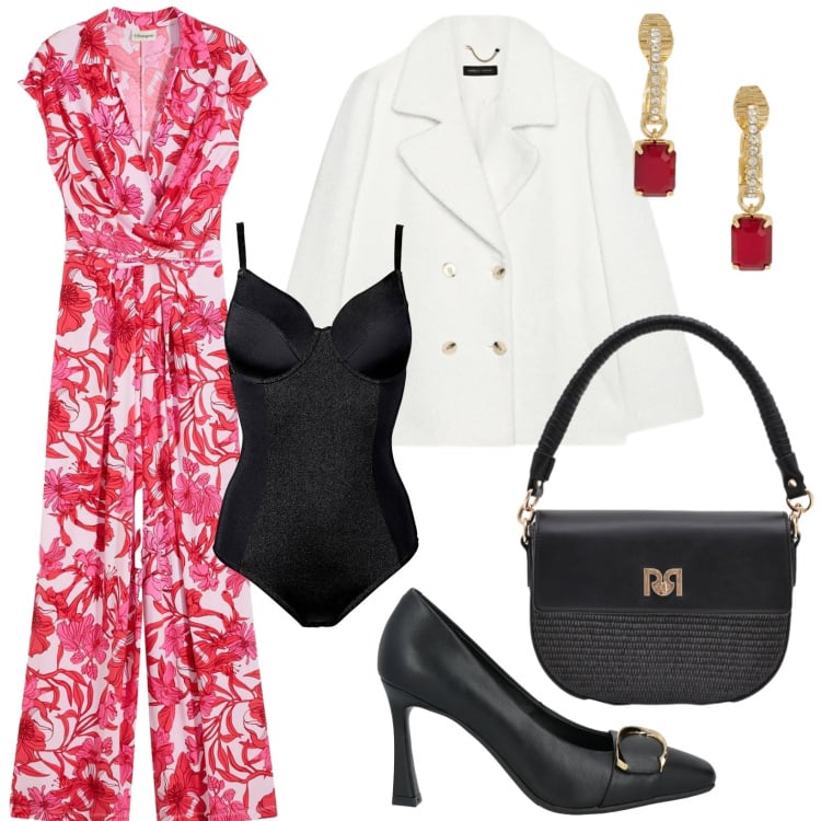 Outfit donna - San Valentino curvy mood. Stile Chic per Serata fuori. Abbinamento con body, tute, décolleté, borse a spalla, orecchini, caban.