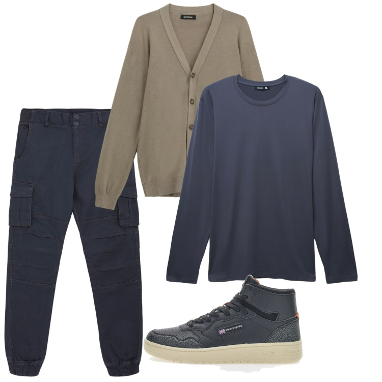Outfit uomo - Febbraio relaxing. Stile Casual per Tutti i giorni. Abbinamento con cardigans, pantaloni cargo, t-shirt, sneakers.