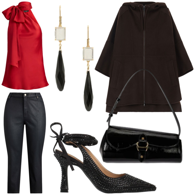 Outfit donna - San Valentino curvy mood. Stile Chic per Serata fuori. Abbinamento con décolleté, cappotti, borse a spalla, orecchini, top, jeans dritti.