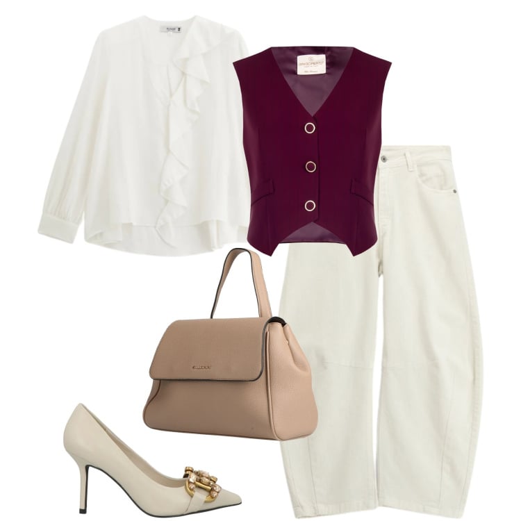 Outfit donna - Romantic, but make it glam. Stile Glamour per Tutti i giorni. Abbinamento con zaini, décolleté, pantaloni, bluse, gilet.