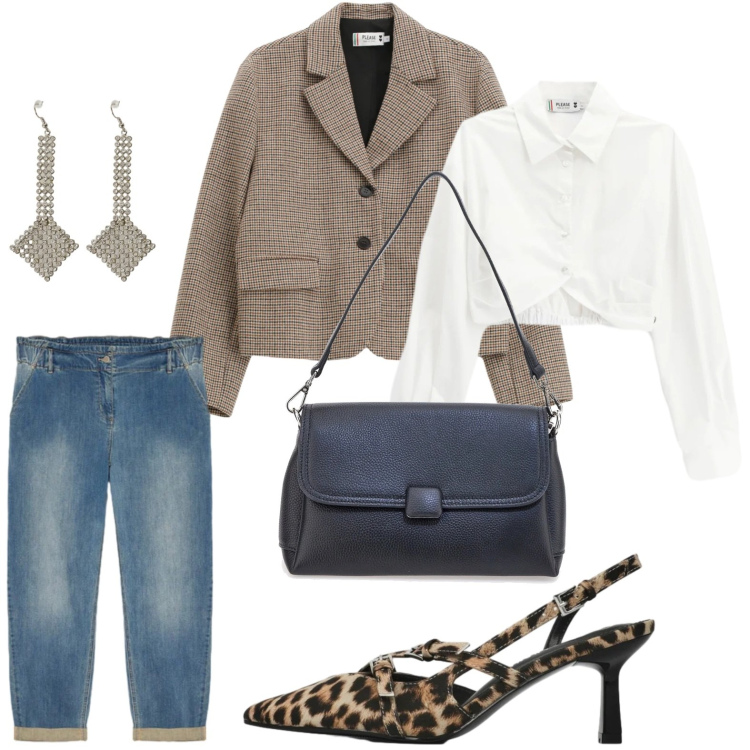 Outfit donna - Apericena glam. Stile Chic per Tutti i giorni. Abbinamento con décolleté, jeans, orecchini, blazer, camicie, borse a spalla.