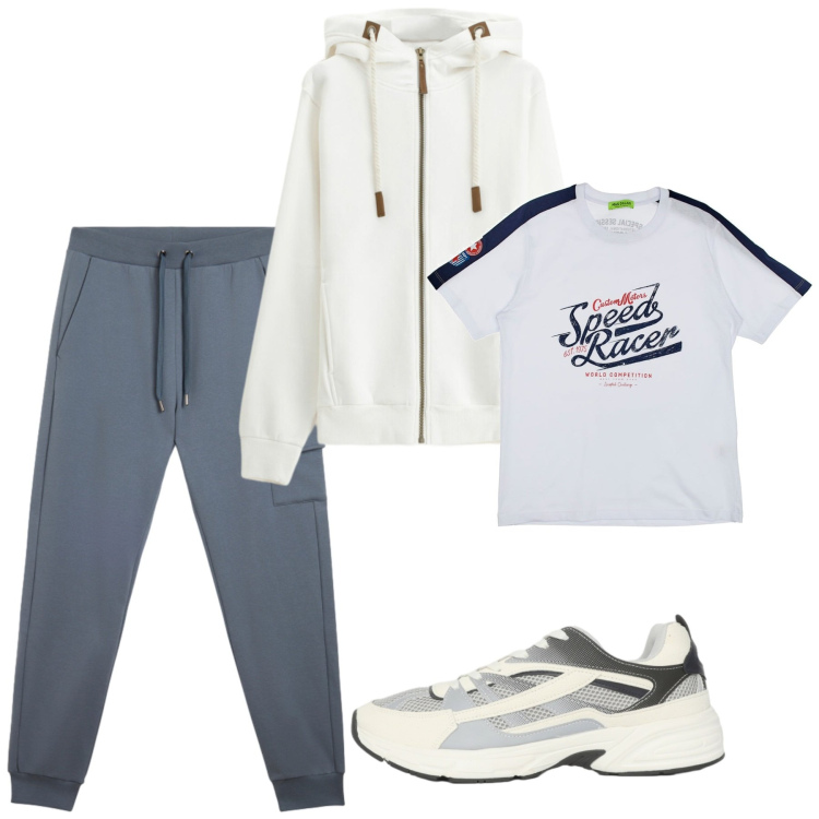 Outfit uomo - Febbraio. Stile Casual per Tutti i giorni. Abbinamento con sneakers, felpe con cappuccio, pantaloni cargo, t-shirt.