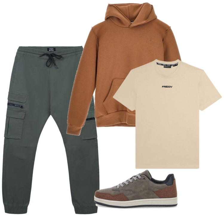 Outfit uomo - Febbraio. Stile Casual per Tutti i giorni. Abbinamento con pantaloni cargo, t-shirt, felpe con cappuccio, sneakers.