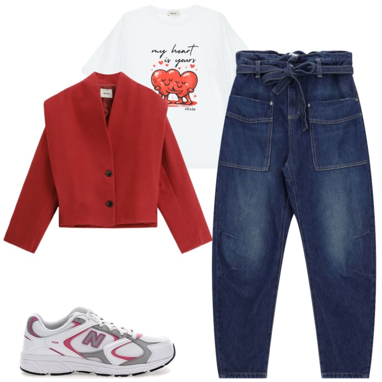 Outfit donna - Febbraio. Stile Casual per Tutti i giorni. Abbinamento con jeans, blazer, t-shirt, sneakers.