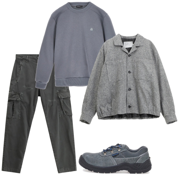 Outfit uomo - Febbraio grey. Stile Casual per Tutti i giorni. Abbinamento con pantaloni cargo, cappotti, felpe, scarpe stringate.