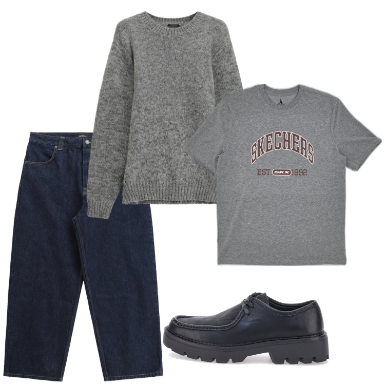 Outfit uomo - Febbraio oversize. Stile Urban per Tutti i giorni. Abbinamento con jeans, maglieria, t-shirt, scarpe stringate.