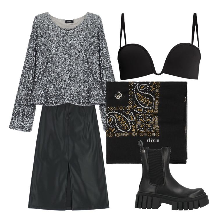 Outfit donna - Trendy tutti i giorni. Stile Rock per Tutti i giorni. Abbinamento con stivaletti, reggiseni, gonne longuette, foulard, top.