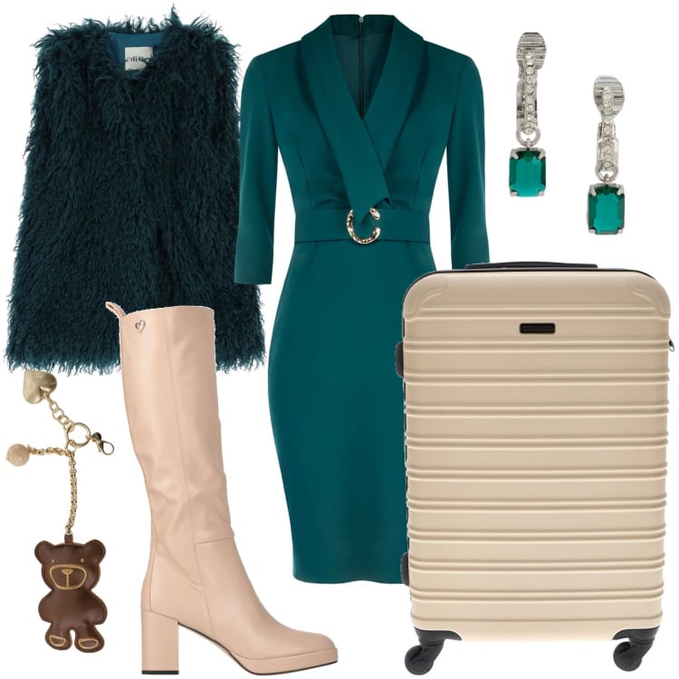 Outfit donna - Weekend chic. Stile Chic per Tutti i giorni. Abbinamento con stivali, vestiti a tubino, orecchini, portachiavi, gilet, valigie.