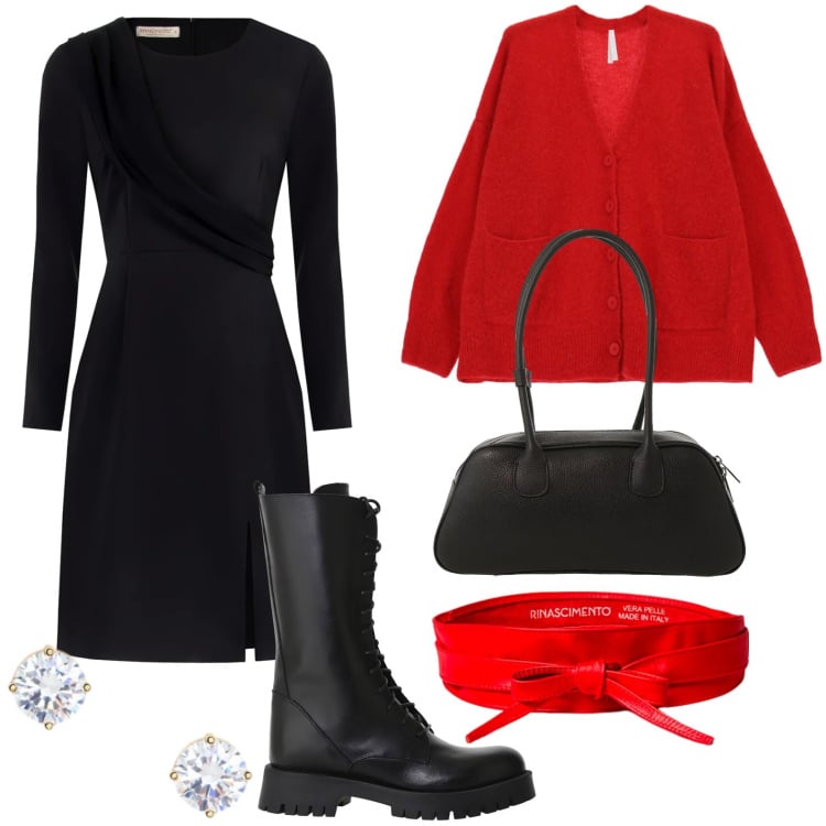 Outfit donna - Il tubino classico. Stile Rock per Serata fuori. Abbinamento con cardigans, stivali, borse a mano, cinture, vestiti a tubino, orecchini.