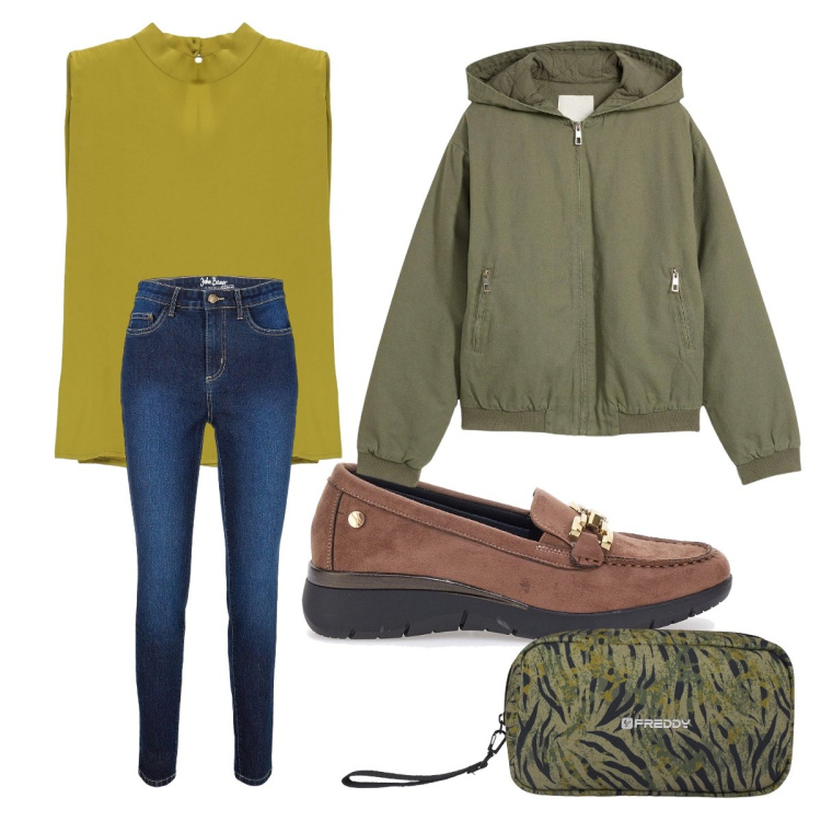 Outfit donna - Shopping in centro. Stile Basic per Tutti i giorni. Abbinamento con blazer, jeans skinny, top, valigie, mocassini.